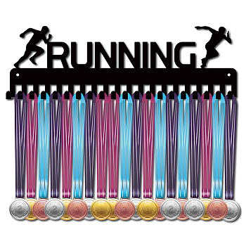 Iron Medal Holder Frame, Medals Display Hanger Rack, 20 Hooks, with Screws, Word Running, Sports Themed Pattern, 122x400mm