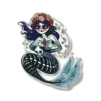 Halloween  Acrylic Pendants, Skullgirls with Flower Charms, Colorful, 33x25x2.5mm, Hole: 1.8mm