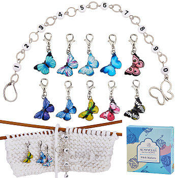 DIY Knitting Tool Sets, including Butterfly Alloy Enamel Pendant Stitch Markers & Beaded Knitting Row Counter Chains, Mixed Color, 3.3~23.2cm, 11pcs/set