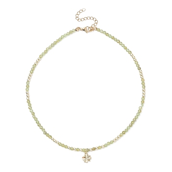 Brass Clover Pendant Necklace, Natural Peridot & Synthetic Hematite Beaded Necklace, Golden, 16.50 inch(41.9cm)