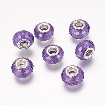 Faceted Resin European Beads, Large Hole Rondelle Beads, with Silver Tone Brass Cores, Dark Violet, 14x9mm, Hole: 5mm