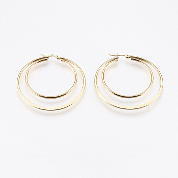 201 Stainless Steel Hoop Earrings, with 304 Stainless Steel Pin, Hypoallergenic Earrings, Double Ring, Golden, 12 Gauge, 54x52x2mm, Pin: 0.7x1mm