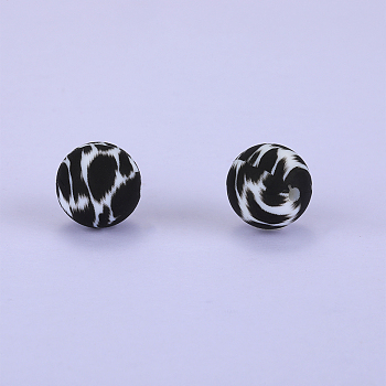 Printed Round Silicone Focal Beads, Black, 15x15mm, Hole: 2mm