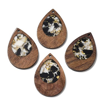 Wood & Resin Pendant, with Gold Foil, Teardrop Charms, Black, 38x25.5x3mm, Hole: 2mm