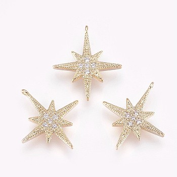 Brass Micro Pave Cubic Zirconia Pendants, Nickel Free, Star, Clear, Clear,Real 18K Gold Plated,17.5x15.5x2mm, Hole: 1mm