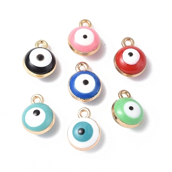 Alloy Enamel Charms, Golden, Flat Round with Evil Eye Charm, Mixed Color, 9x7x5mm, Hole: 1mm
