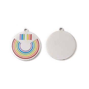 304 Stainless Steel Enamel Pendants, Lead Free & Cadmium Free, Flat Round, Pride Theme, Colorful, 28x25x1.5mm, Hole: 2mm