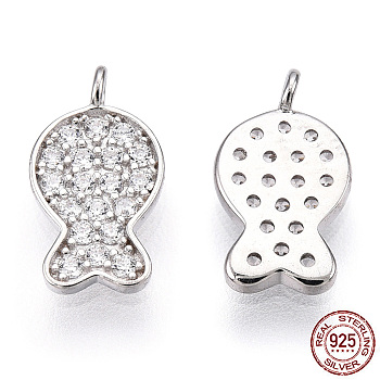 Rhodium Plated 925 Sterling Silver Micro Pave Cubic Zirconia Charms, Fish Charms, Nickel Free, Real Platinum Plated, 11x6x1mm, Hole: 1.2mm