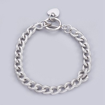 304 Stainless Steel Curb Chain Bracelets, Textured, with Toggle Clasps and Heart Shape Charm, Stainless Steel Color, 7-1/2 inch(19cm), 7mm