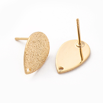 Brass Stud Earring Findings, with Loop, Teardrop, Bumpy, Nickel Free, Real 18K Gold Plated, 14x9x1mm, Hole: 1mm, Pin: 0.7mm