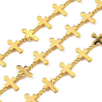 Brass Link Chains, Soldered, with Spool, Cadmium Free & Lead Free, Cross, Real 18K Gold Plated, 6mm