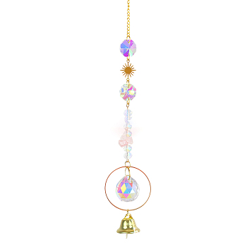 Iron Big Pendant Decorations, Bell Hanging Sun Catchers, K9 Crystal Glass, with Brass Findings, for Garden, Wedding, Lighting Ornament, Misty Rose, 400mm