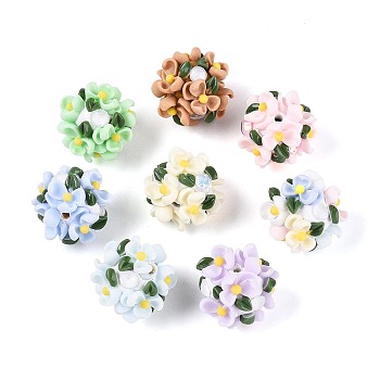 Handmade Polymer Clay Rhinestone Beads with Resin, Round with Flower, for DIY Jewelry & Pen Decorations, Mixed Color, 21~23x23~24x23~24mm, Hole: 2mm