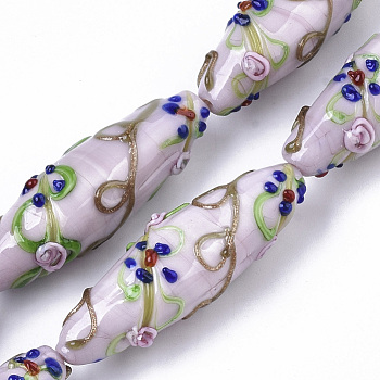 Handmade Gold Sand Lampwork Beads Strands, Bumpy, Rice with Flower Pattern, Plum, 45~47.5x14.5~15.5mm, Hole: 1.5mm, about 10pcs/Strand, 17.72 inch
