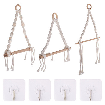 3Pcs 3 Styles Handmade Cotton with Polyester Rope Woven and Wooden Toilet Paper Holder, for Toilet Paper Hanger, with 4Pcs Plastic Hook Hanger, Mixed Color, 7pcs/bag