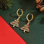 Brass Christmas Tree Hoop Earrings, with Cubic Zirconia, with Enamel, Golden, 37x16mm(PF9956)