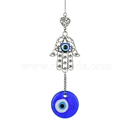 Blue Flat Round with Evil Eye Lampwork Pendant Decorations, Alloy Hamsa Hand/Heart Link Hanging Ornaments, Antique Silver & Platinum, 180x34.5x6mm(HJEW-JM01563)