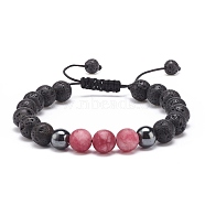 Indian Red Natural White Jade(Dyed) & Lava Rock & Synthetic Hematite Round Braided Bead Bracelet, Essential Oil Gemstone Jewelry for Women, Inner Diameter: 2~3 inch(5~7.6cm)(BJEW-JB08387-01)