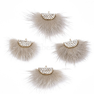 Faux Mink Fur Tassel Pendant Decorations, with Rhinestone and Alloy Findings, Fan, Golden, Tan, 24~28x29~34x8mm, Hole: 1.5mm(X-FIND-T040-13)