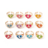 Twelve Constellations Enamel Open Cuff Rings, Light Gold Plated Alloy Heart Rings for Women, Mixed Color, US Size 6(16.5mm)(ENAM-G202-01LG)