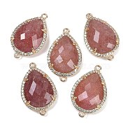 Natural Strawberry Quartz Faceted Teardrop Links, Rack Plating Brass Micro Pave Clear Cubic Zirconia Connector Charms, Golden, 26x16.5x6mm, Hole: 1.6mm and 1.4mm(G-B126-03G-05)