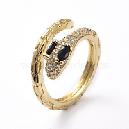 Adjustable Brass Cuff Finger Rings, with Micro Pave Cubic Zirconia, Snake, Golden, Black & Clear, Size 7, 17mm(RJEW-G096-12G-A)