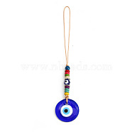 Flat Round with Evil Eye Glass Pendant Decorations, with Random Color Wooden Beads, Polyester Braided Hanging Ornament, Royal Blue, 155mm(EVIL-PW0002-04A)