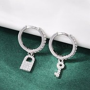 Lock & Key 925 Sterling Silver Micro Pave Clear Cubic Zirconia Hoop Earrings for Women, Left and Right, Platinum, 19x4.5mm & 18x2mm(EJEW-G427-01P-03)