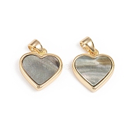 Natural Black Lip Shell Charms, with Real 18K Gold Plated Plated Brass Findings, Long-Lasting Plated, Heart, 12x12x3mm, Hole: 3x2.5mm(KK-L196-14D)