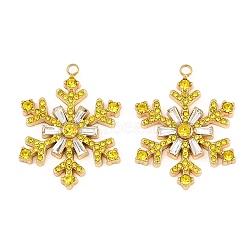 304 Stainless Steel Rhinestone Pendants, Snowflake Charms, Ion Plating(IP), Real 18K Gold Plated, Light Topaz, 29x23x4mm, Hole: 1.8mm(RB-CBADC81-14G-01)