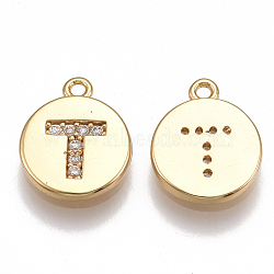 Brass Cubic Zirconia Charms, Flat Round with Letter, Real 18K Gold Plated, Clear, Letter.T, 12x10x2mm, Hole: 1mm(X-KK-T038-194G-T)
