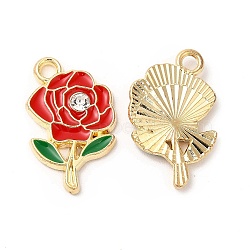 Alloy Enamel Pendants, with Rhinestone, Cadmium Free & Nickel Free & Lead Free, Rose Charm, Red, 18x11.5x2mm, Hole: 1.6mm(ENAM-C005-32G-03)