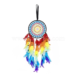 Iron Woven Web/Net with Feather Pendant Decorations, with Plastic Beads, Flat Round, Colorful, 655mm(AJEW-P097-05)