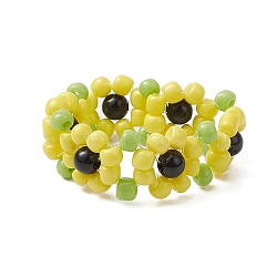 Flower Glass Stretch Rings for Women, Yellow, 10mm, Inner Diameter: 18mm(RJEW-JR00769)