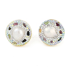 Rack Plating Flat Round Brass With Natural Tourmaline & Rhinestone, With Natural Pearl Handmade Indonesia Stud Earrings, Long-Lasting Plated, Golden, White, 21.5mm(EJEW-U010-02C-G)