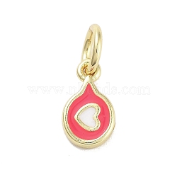 Rack Plating Brass Enamel Charms, with Jump Ring, Long-Lasting Plated, Cadmium Free & Lead Free, Flat Round with Heart, Real 18K Gold Plated, Deep Pink, 8.5x5x1.5mm, Hole: 3mm(KK-M293-40G-02)