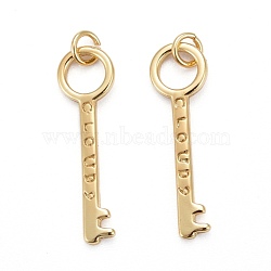 Brass Pendants, Long-Lasting Plated, Key with Word Cloudy, Real 18K Gold Plated, 24x7x1mm, Jump Ring: 5x0.7mm, Inner Diameter: 3.5mm(KK-Z008-08G)