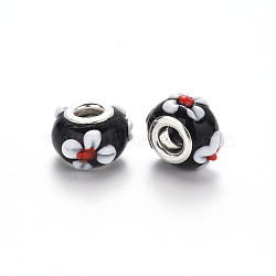 Handmade Lampwork European Beads, Large Hole Rondelle Beads, Rondelle with Flower, Bumpy Lampwork, with Platinum Tone Brass Double Cores, Black, 15~16x9~10mm, Hole: 5mm(LPDL-N001-040-B11)