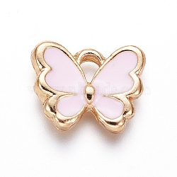 Light Gold Plated Alloy Charms, with Enamel, Butterfly, Pearl Pink, 10.5x12.5x2.5mm, Hole: 2mm(ENAM-L029-06C)
