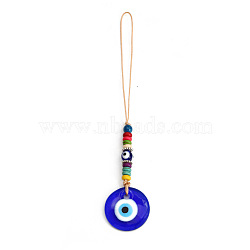 Flat Round with Evil Eye Glass Pendant Decorations, with Random Color Wooden Beads, Polyester Braided Hanging Ornament, Royal Blue, 155mm(EVIL-PW0002-04A)