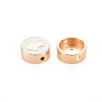 Brass Enamel Beads, Nickel Free, Real 18K Gold Plated, Flat Round with Palm, White, 11x4.5mm, Hole: 1.4mm