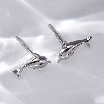 S925 Sterling Silver Dolphin Stud Earrings, Platinum, 5.5x9mm