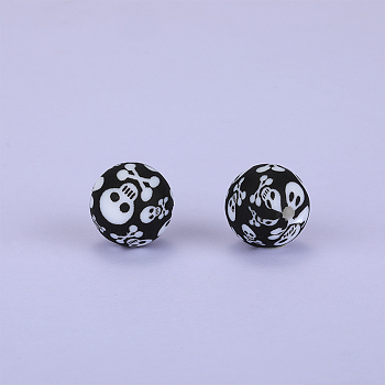 Printed Round Silicone Focal Beads, Black, 15x15mm, Hole: 2mm