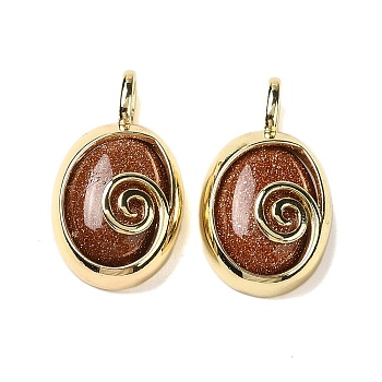 Synthetic Goldstone Oval Pendants, Ion Plating(IP) Golden Plated Brass Vortex Charms, 24x14x6mm, Hole: 4.5x2.5mm