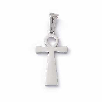 304 Stainless Steel Pendants, Laser Cut, Ankh Cross Charms, Stainless Steel Color, 25x13.5x1mm, Hole: 3.5x7mm