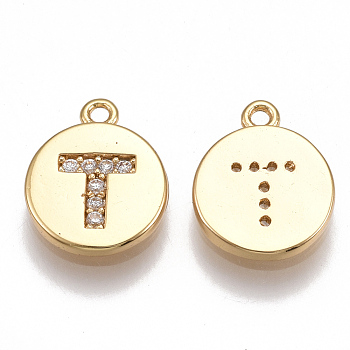 Brass Cubic Zirconia Charms, Flat Round with Letter, Real 18K Gold Plated, Clear, Letter.T, 12x10x2mm, Hole: 1mm