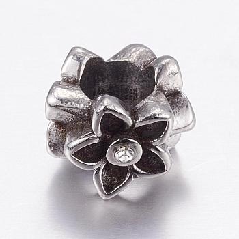 304 Stainless Steel European Beads, Large Hole Beads, with Rhinestone, Flower, Antique Silver, 11x9mm, Hole: 5mm