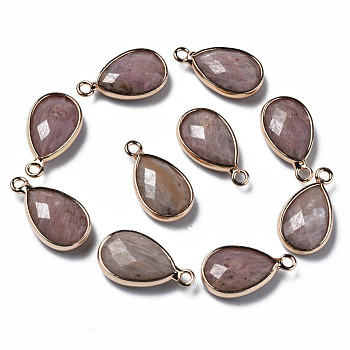 Natural Rhodonite Pendants, Faceted, with Golden Plated Brass Edge and Loop, Teardrop, 16.5x9x4.5mm, Hole: 1.6mm