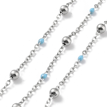 304 Stainless Steel Cable Chain, with Enamel, Soldered, Light Sky Blue, Beads: 3.5~3.6x3.5mm, Link: 5x2x2mm and 2x1.5x0.3mm