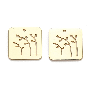 Brass Pendants, Square with Tree Charms, Real 18K Gold Plated, 18x18x1mm, Hole: 1.2mm